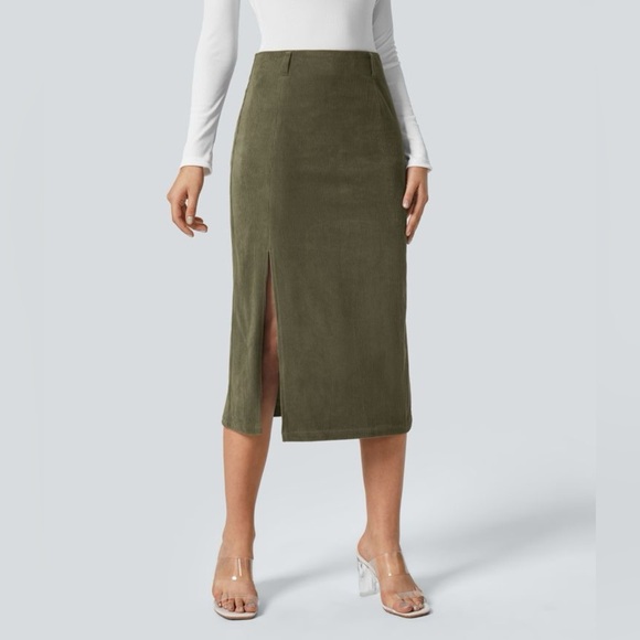 Halara High Waisted Invisible Zipper Split Hem Midi Corduroy Casual Skirt medium